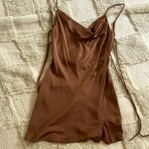 Princess Polly. Brown mini satin dress with slit.